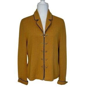 St. John Yellow Golden Leaf Metallic Trim Zip Up Santana Knit Blazer I 8